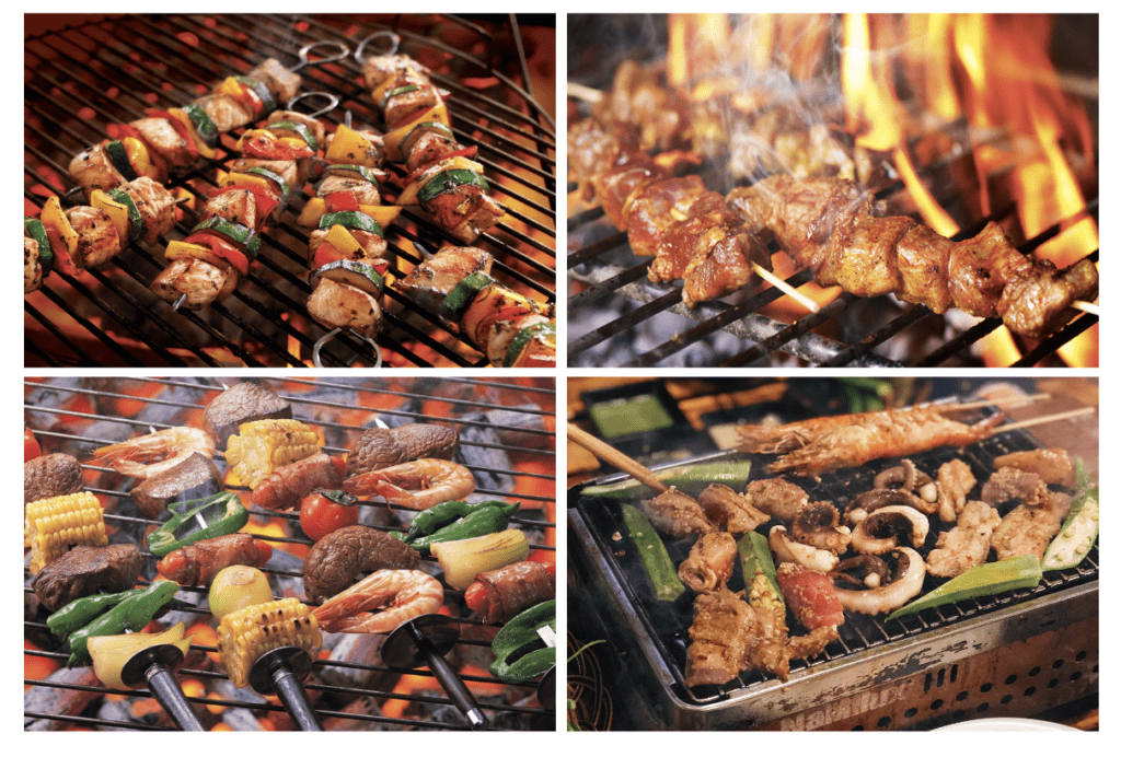 Enjoying delicious grilled meats, seafoods on hot charcoal stove, top, must, try